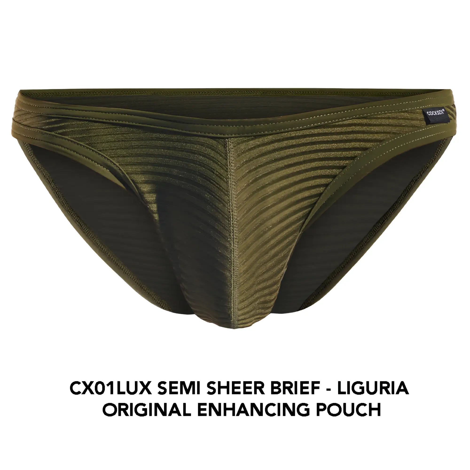 Olive green cx01lux semi-sheer brief with ribbed texture and black inner lining shown from the back side