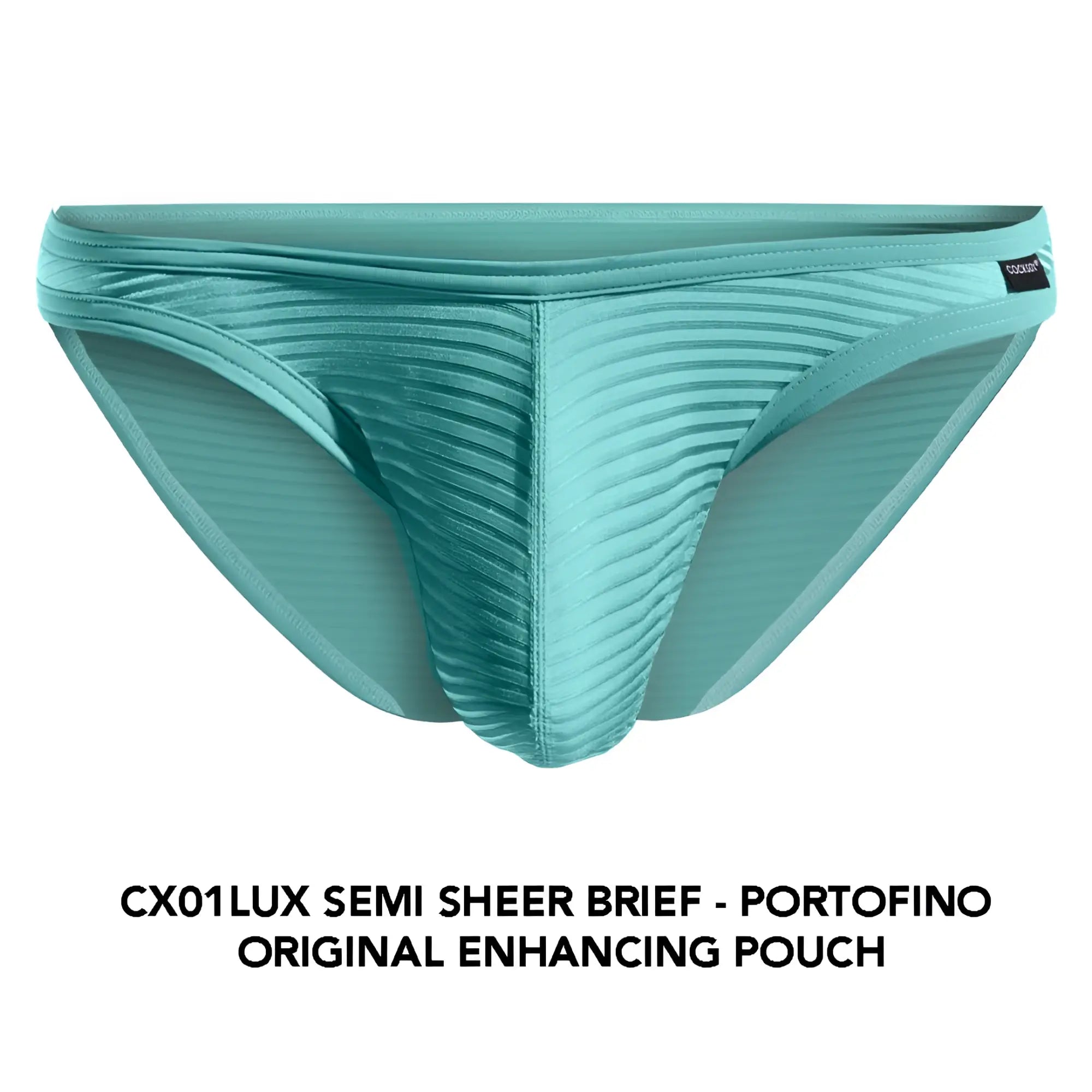 Teal colored cx01lux semi sheer brief with ribbed texture and original enhancing pouch design for comfort and style