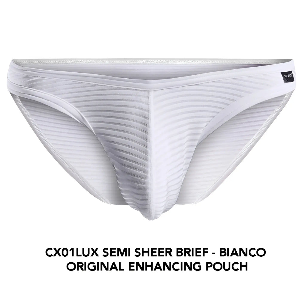 Cx01lux semi-sheer white brief with subtle ribbed texture and original enhancing pouch design for comfort and style