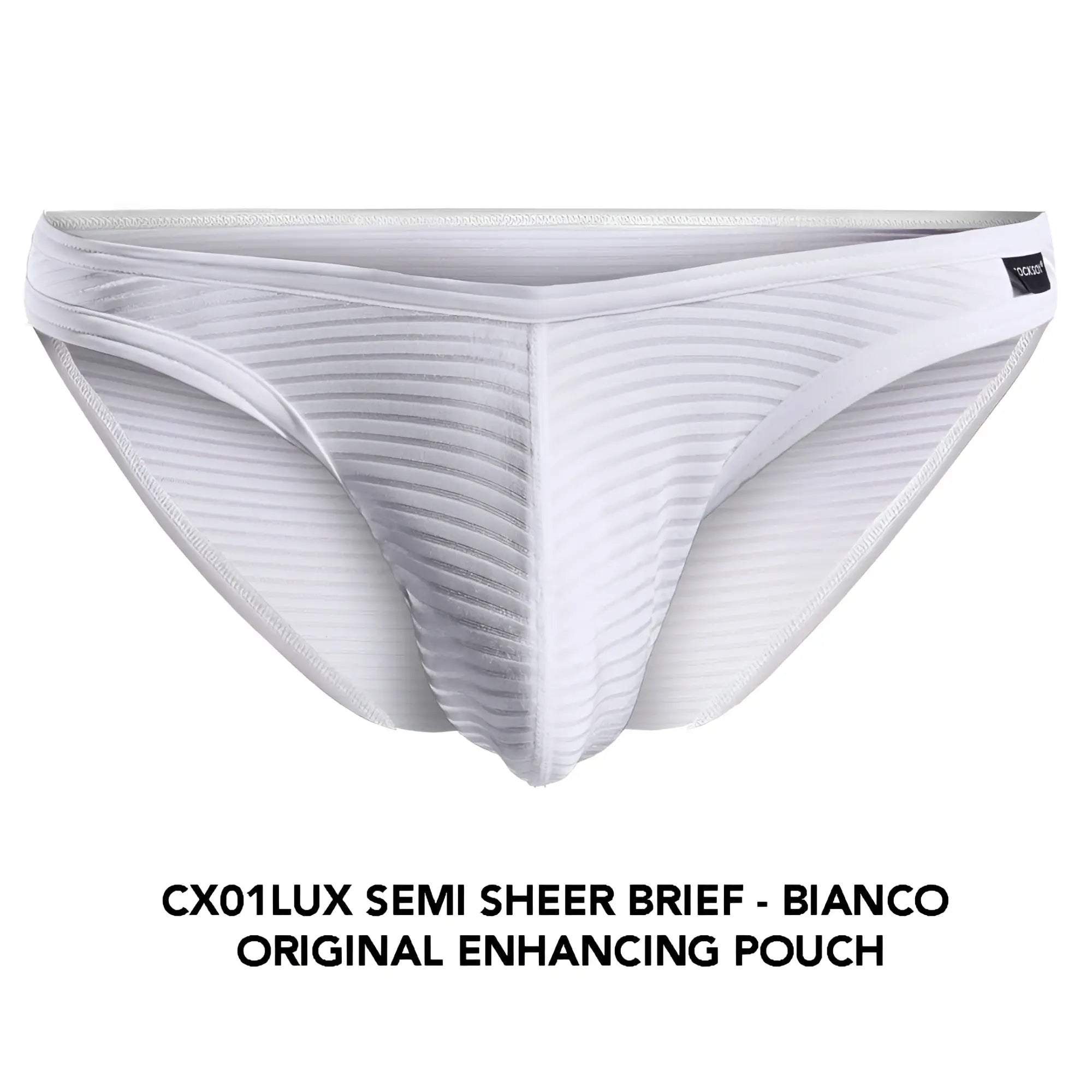 Cx01lux semi-sheer white brief with subtle ribbed texture and original enhancing pouch design for comfort and style
