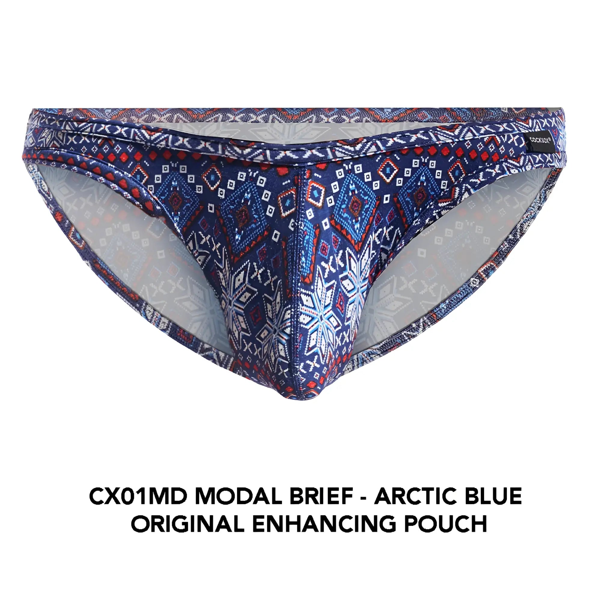 Cx01MD brief in arctic blue modal fabric with bold navy red and white geometric snowflake pattern
