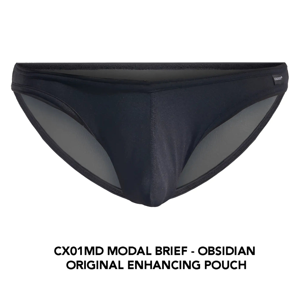 Black cx01md brief made of modal with a sleek form-fitting design and subtle gray mesh lining