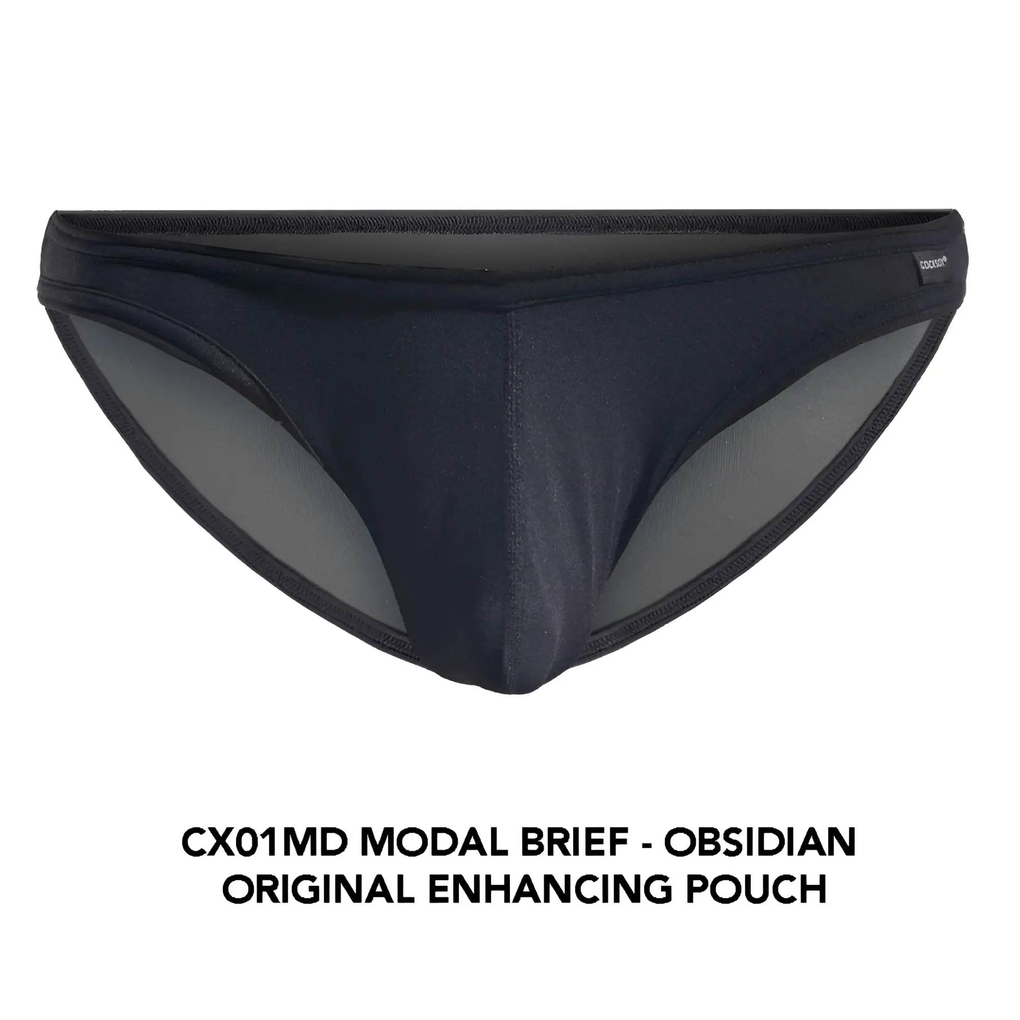 Black cx01md brief made of modal with a sleek form-fitting design and subtle gray mesh lining