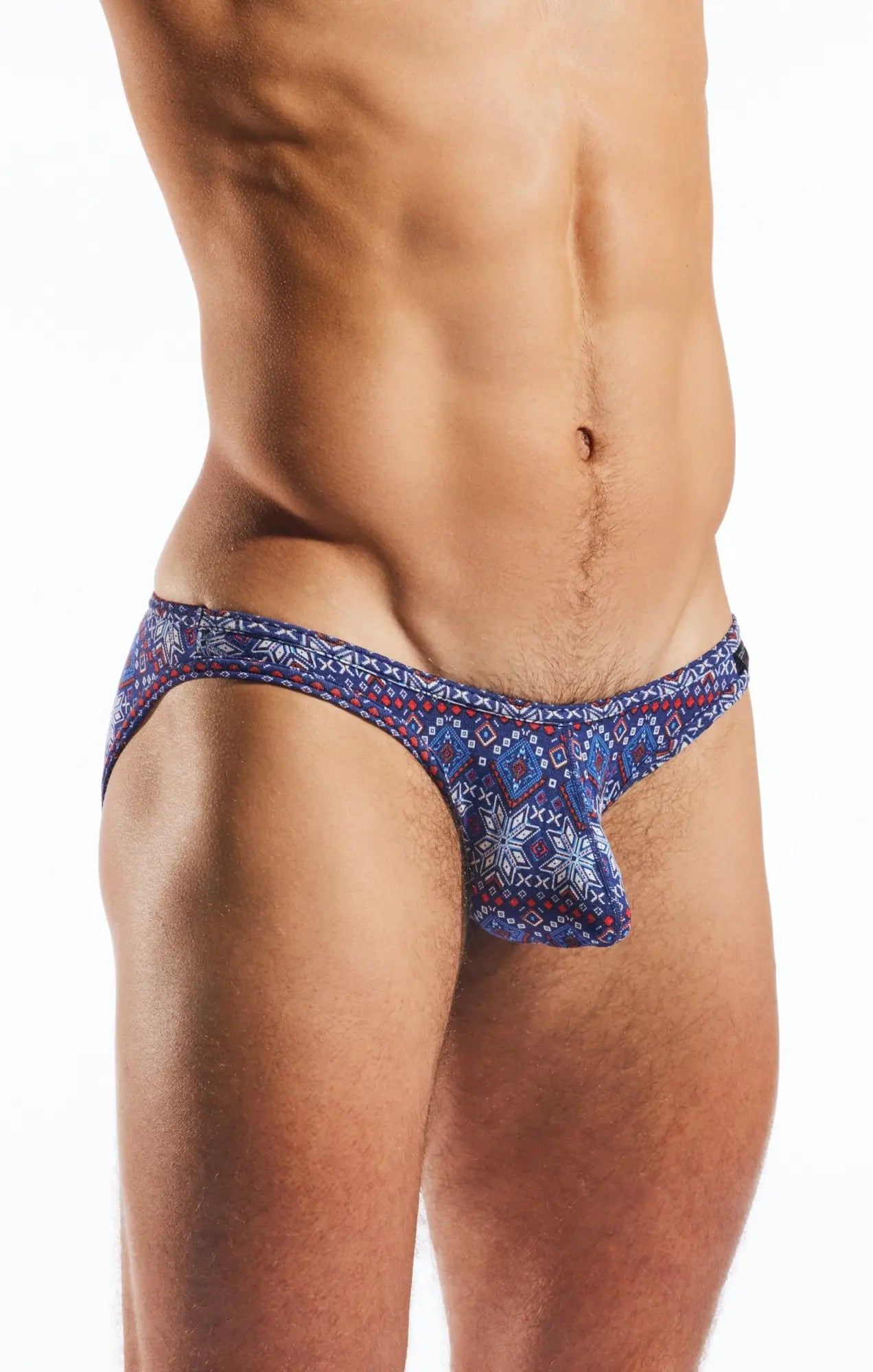 Blue patterned men’s briefs cx01md with intricate red white and navy geometric and floral designs