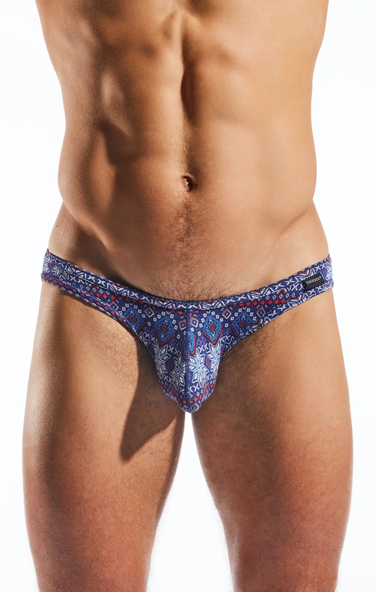 Blue and red patterned men’s thong cx01md brief with intricate geometric design and breathable fabric for comfortable wear