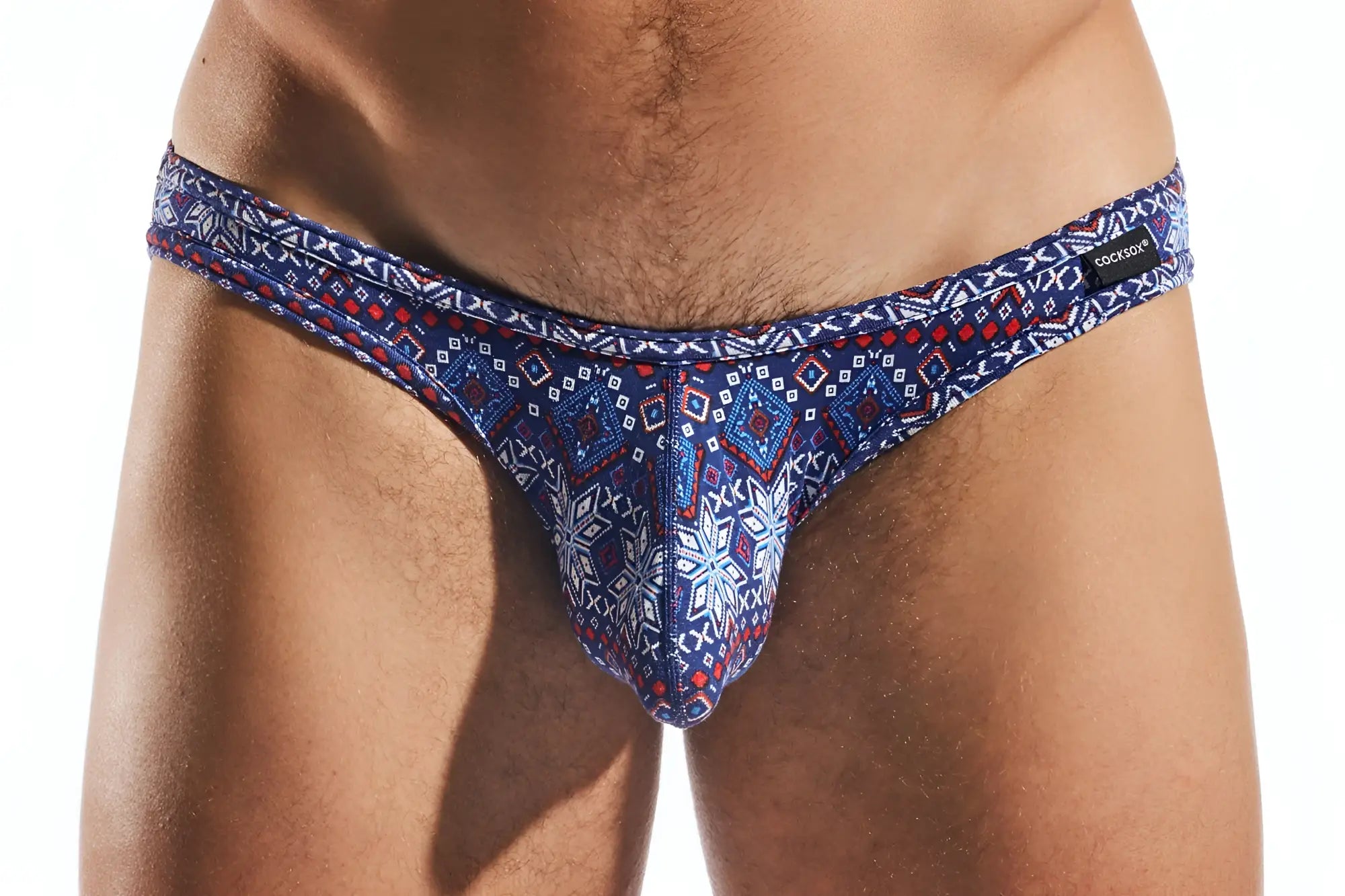 Cx01md brief patterned thong in blue and red with intricate geometric designs for stylish underwear wear