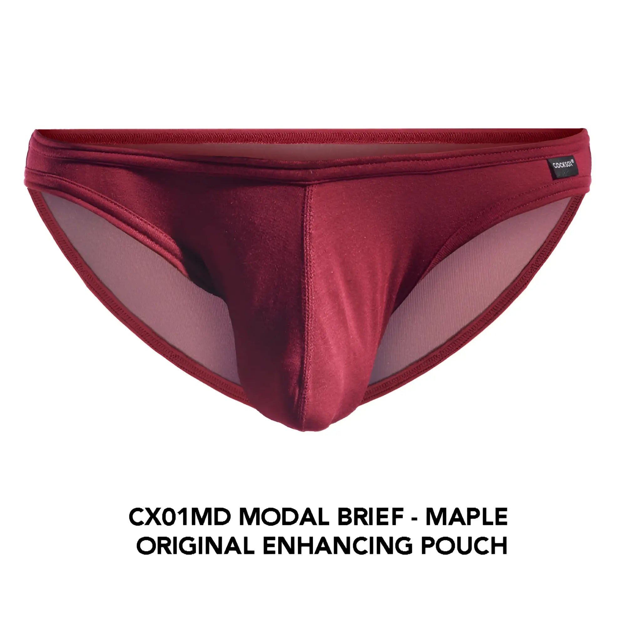 Maroon cx01md modal brief with subtle sheen sheer mesh lining and cocktail brand label on waistband