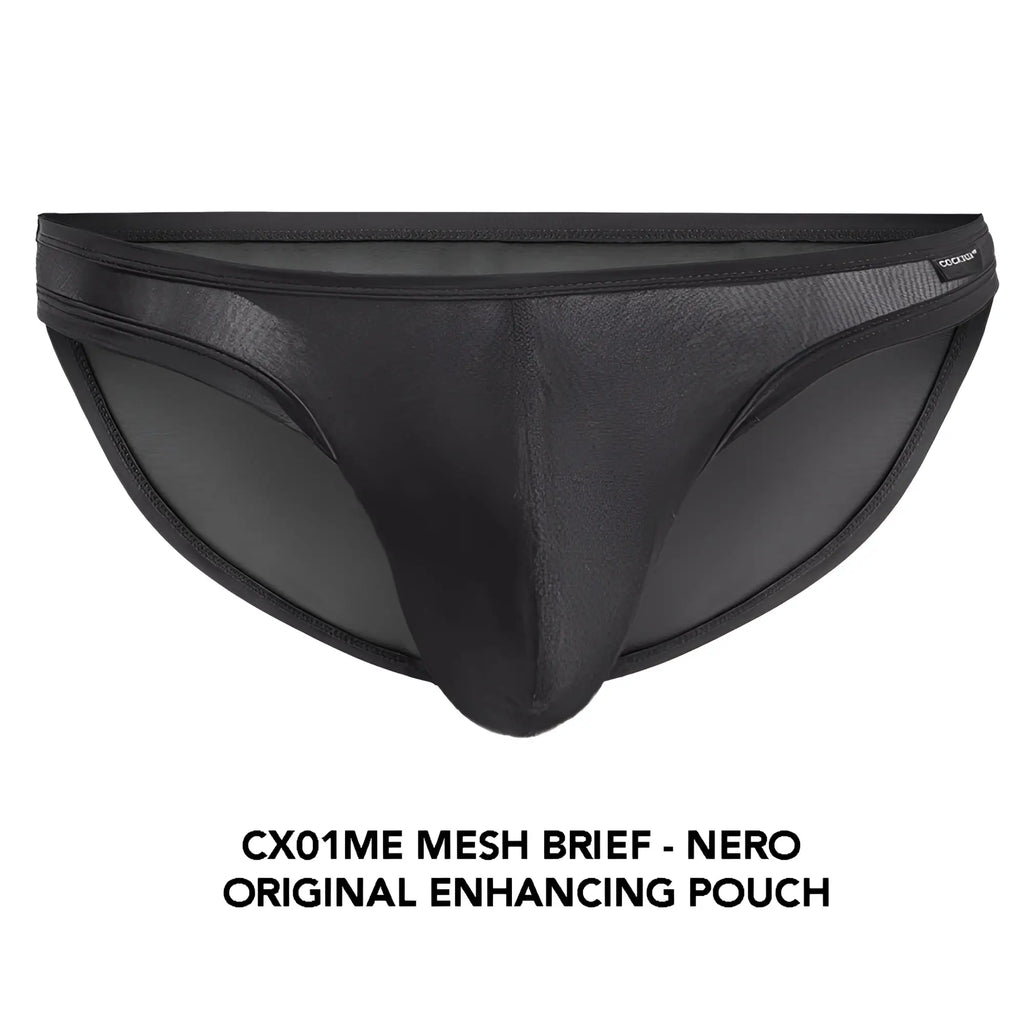 Black cx01me mesh brief with a smooth form-fitting design and subtle texture in breathable mesh fabric