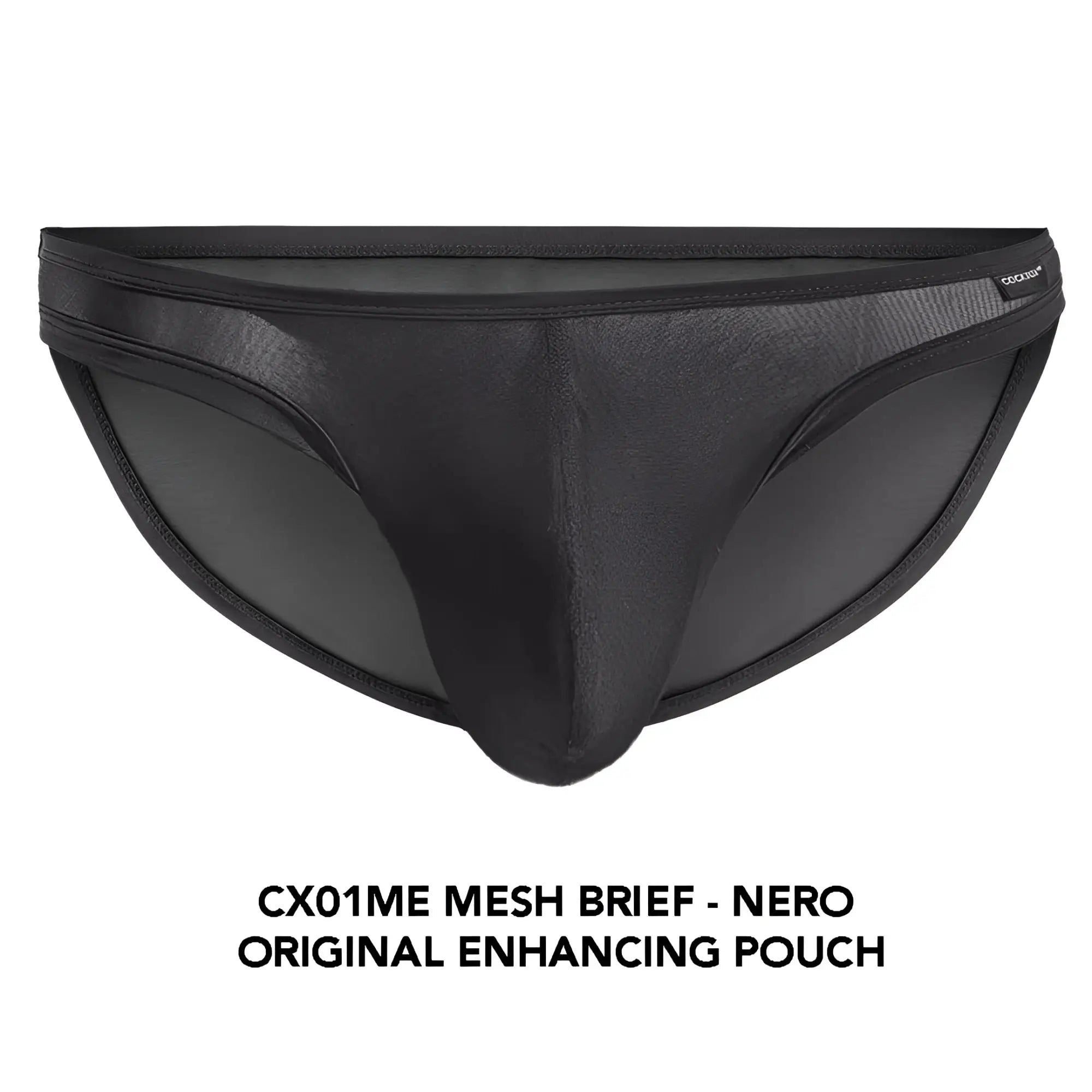 Black cx01me mesh brief with a smooth form-fitting design and subtle texture in breathable mesh fabric