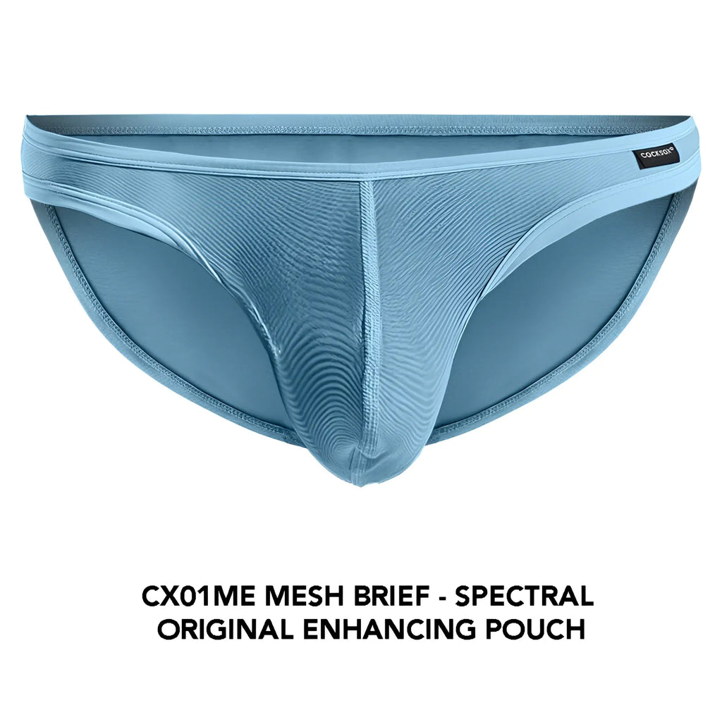 Light blue cx01me mesh brief with textured ribbed design and original enhancing pouch for comfortable support