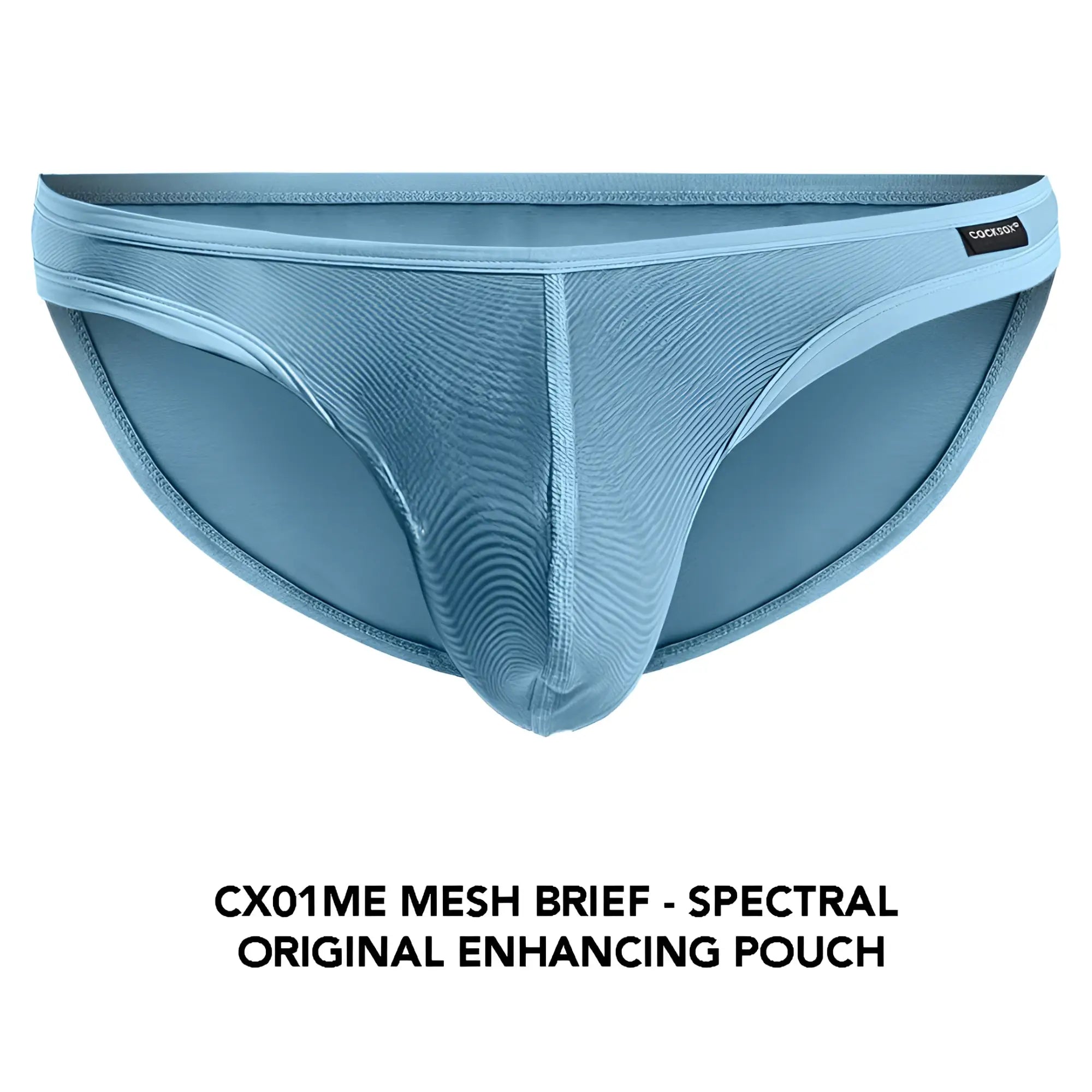 Light blue cx01me mesh brief with textured ribbed design and original enhancing pouch for comfortable support