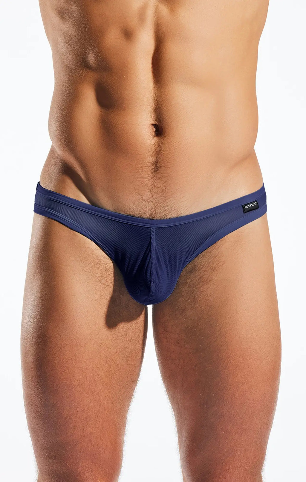 Navy blue cx01me mesh briefs with sleek form-fitting design and small black brand tag on the waistband