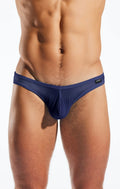 Navy blue cx01me mesh briefs with sleek form-fitting design and small black brand tag on the waistband