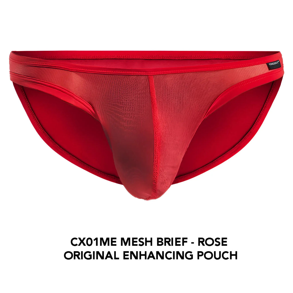Cx01me mesh brief in red mesh with solid waistband and inner lining featuring an original enhancing pouch design