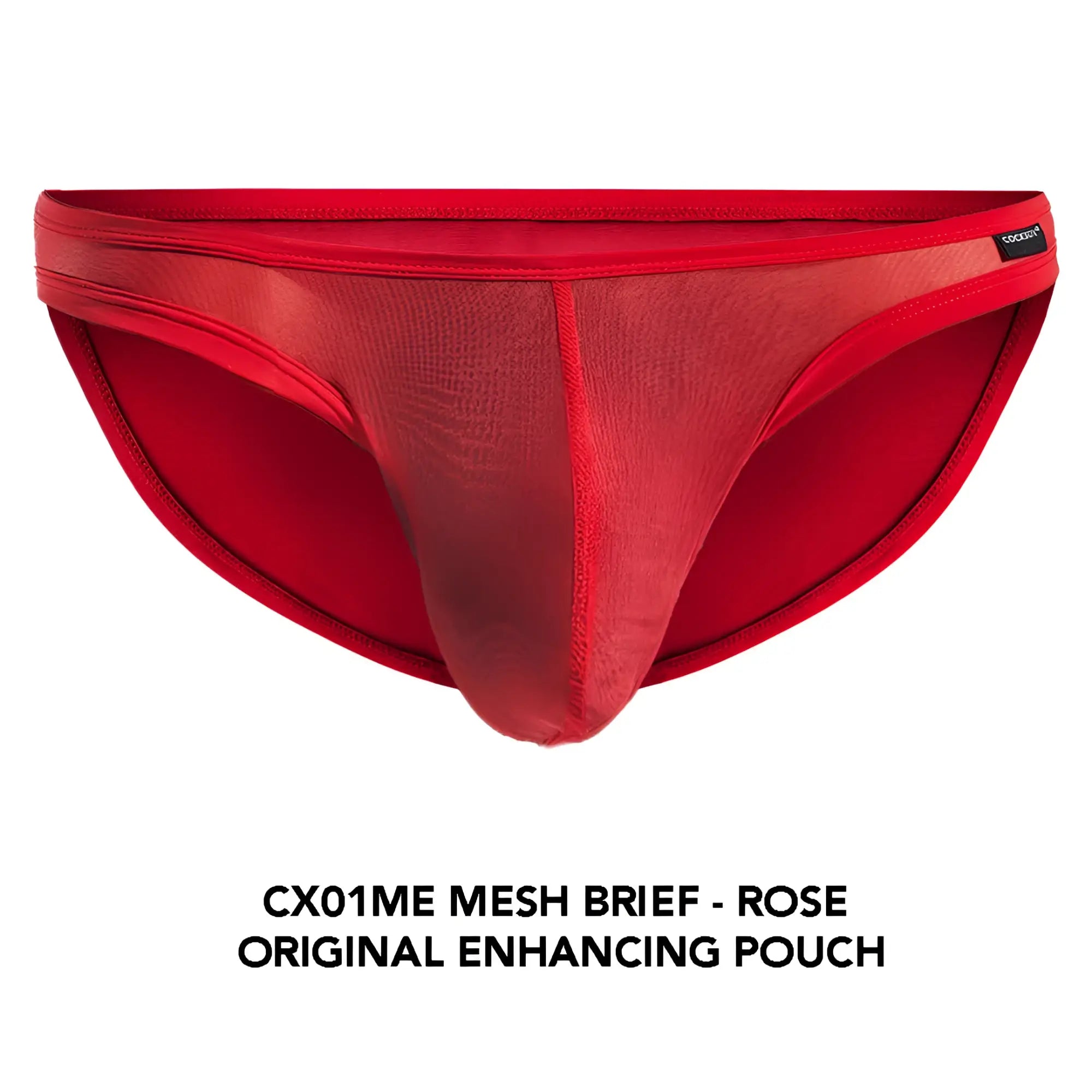 Cx01me mesh brief in red mesh with solid waistband and inner lining featuring an original enhancing pouch design