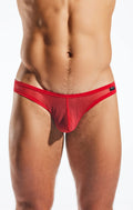 Red mesh thong brief with solid red waistband and small black brand tag on the side cx01me mesh brief