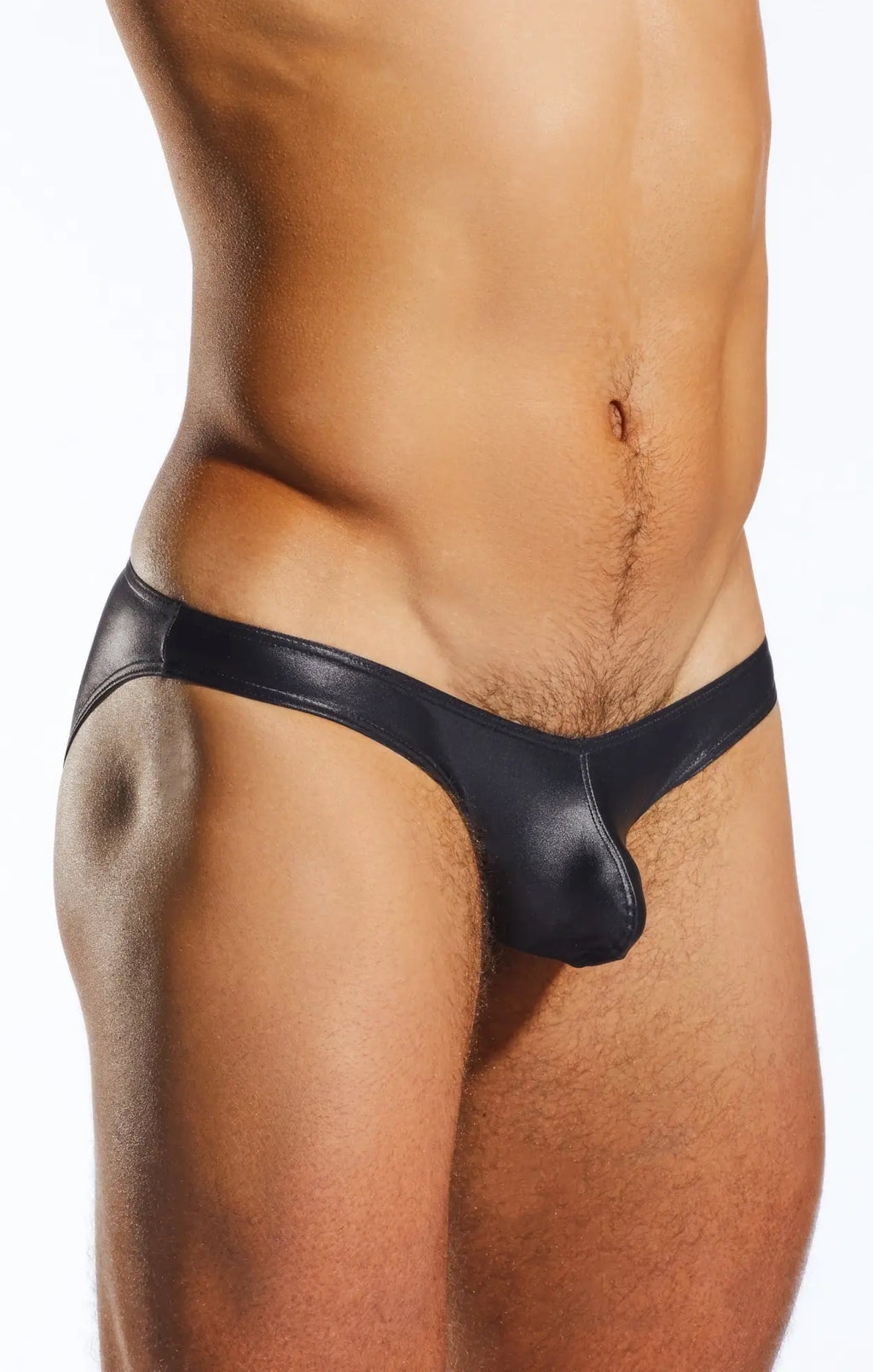 Black patent leather cx02gs swim brief thong with sleek glossy finish and minimalistic design front view