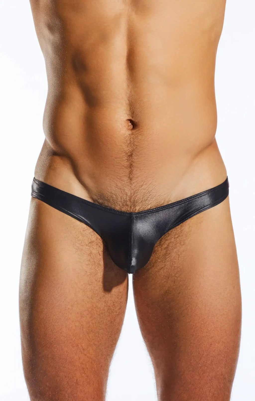 Black shiny faux leather thong swim brief cx02gs with sleek minimalist design shown from the back side