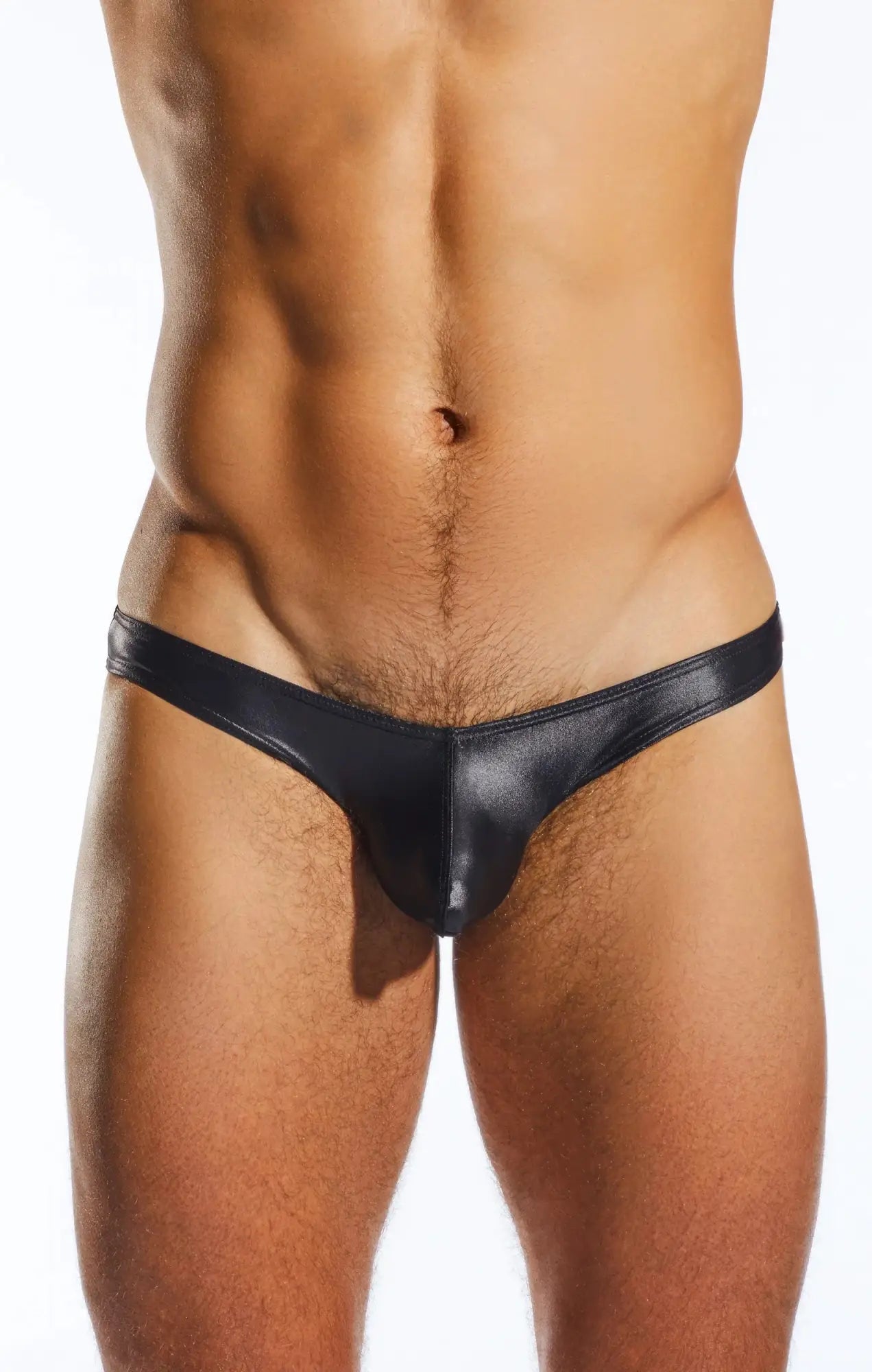 Black shiny faux leather thong swim brief cx02gs with sleek minimalist design shown from the back side