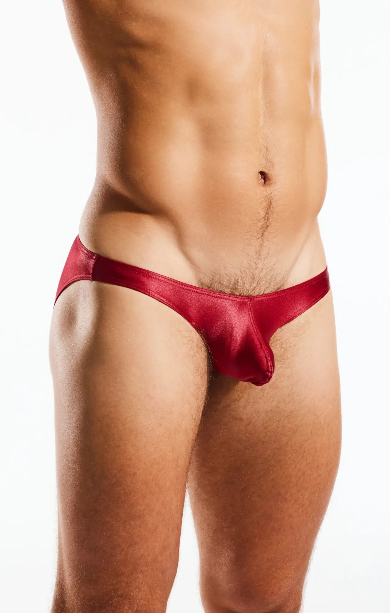 Red satin cx02gs swim briefs with a smooth glossy finish designed for stylish swimwear use