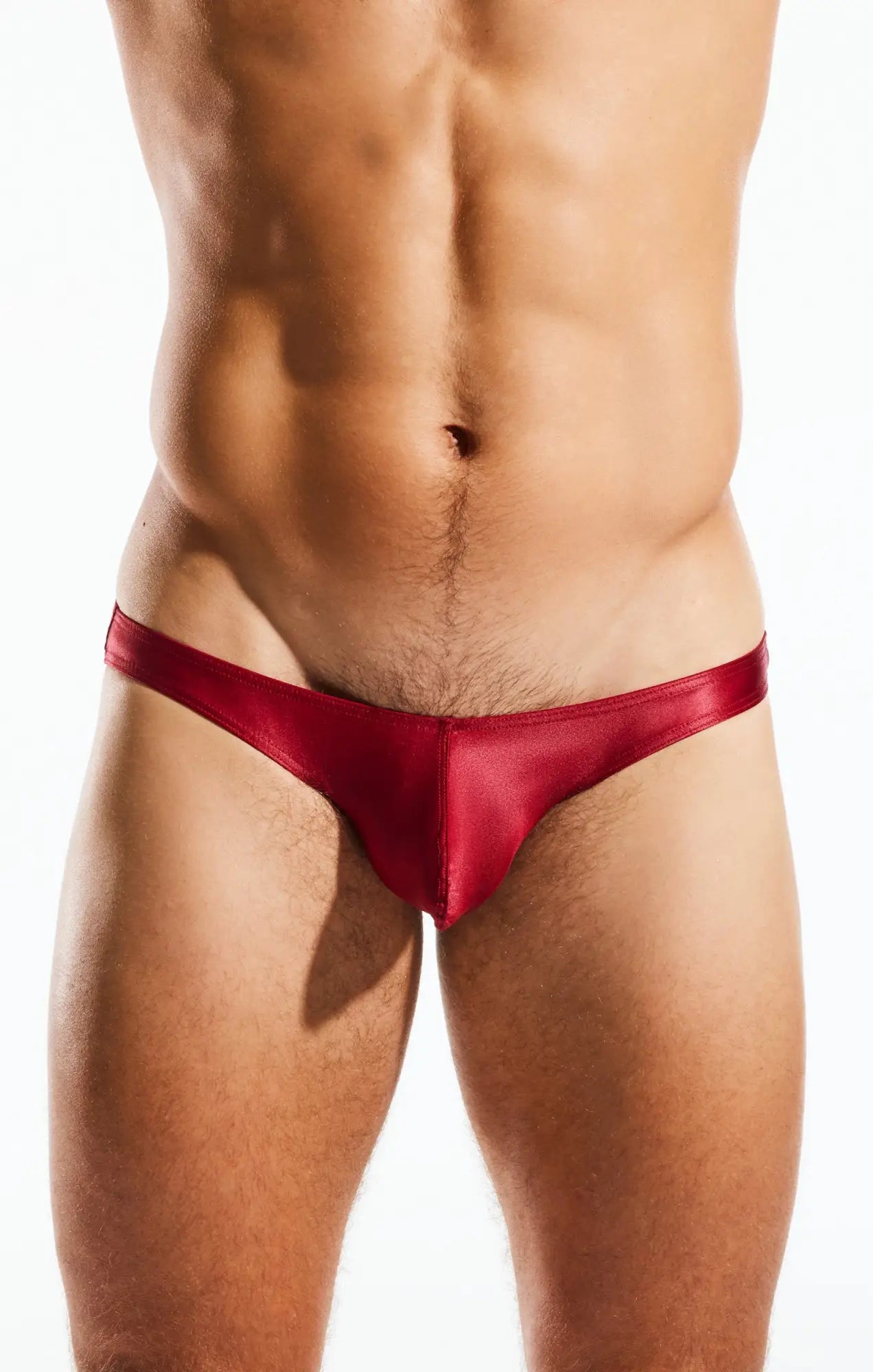 Red satin thong swim brief cx02gs shown from the back highlighting glossy fabric and minimal coverage