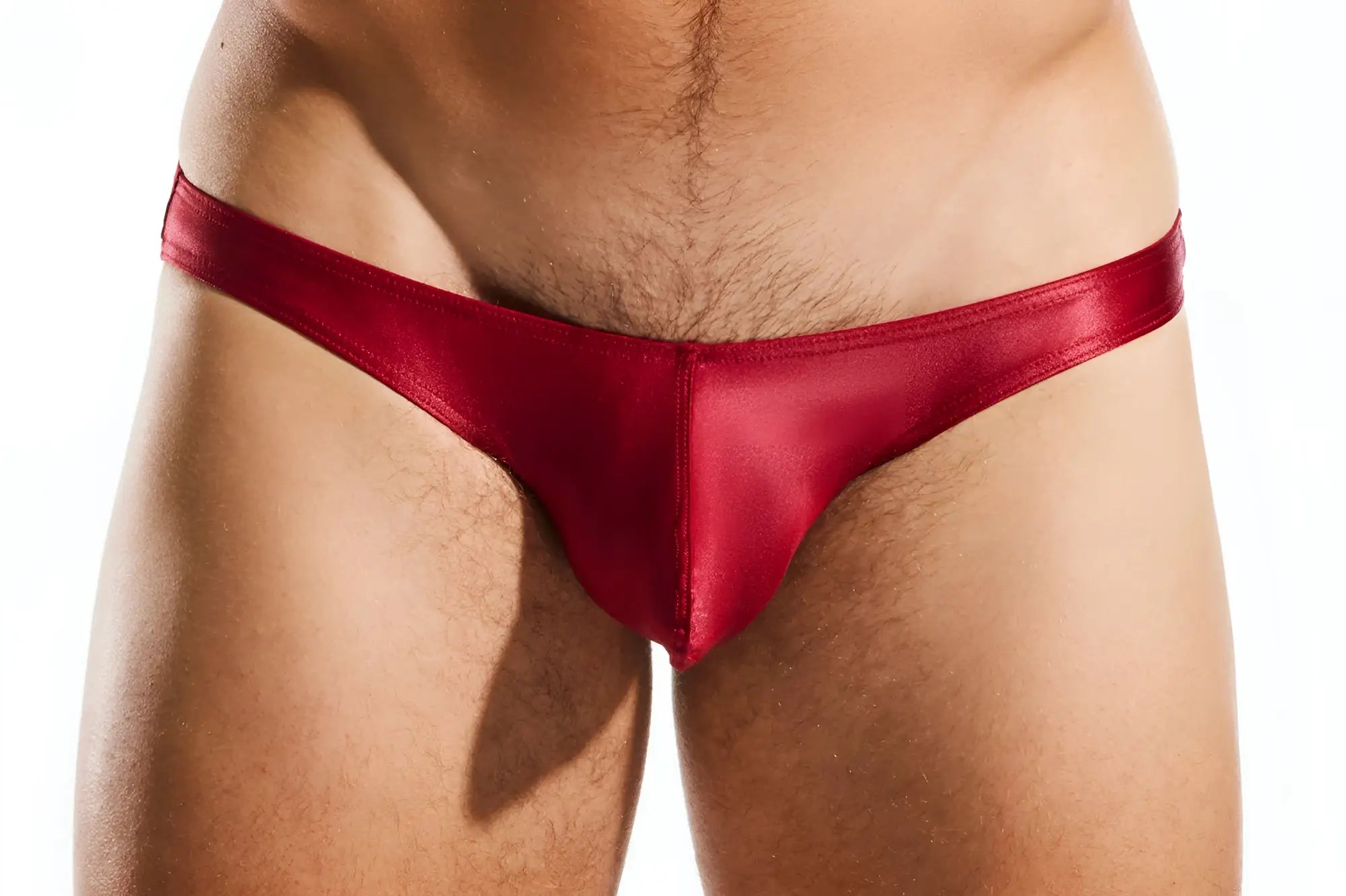 Red satin thong swim brief cx02gs showing the front design with sleek smooth fabric and vibrant color