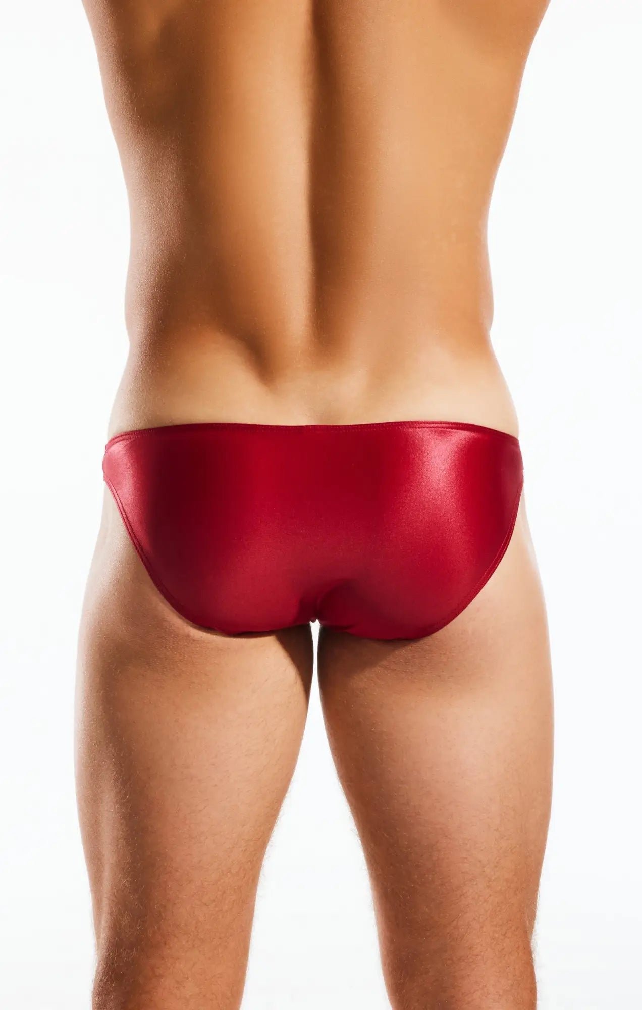 A sleek glossy red cx02gs swim brief with smooth form fitting design for comfortable swimwear use