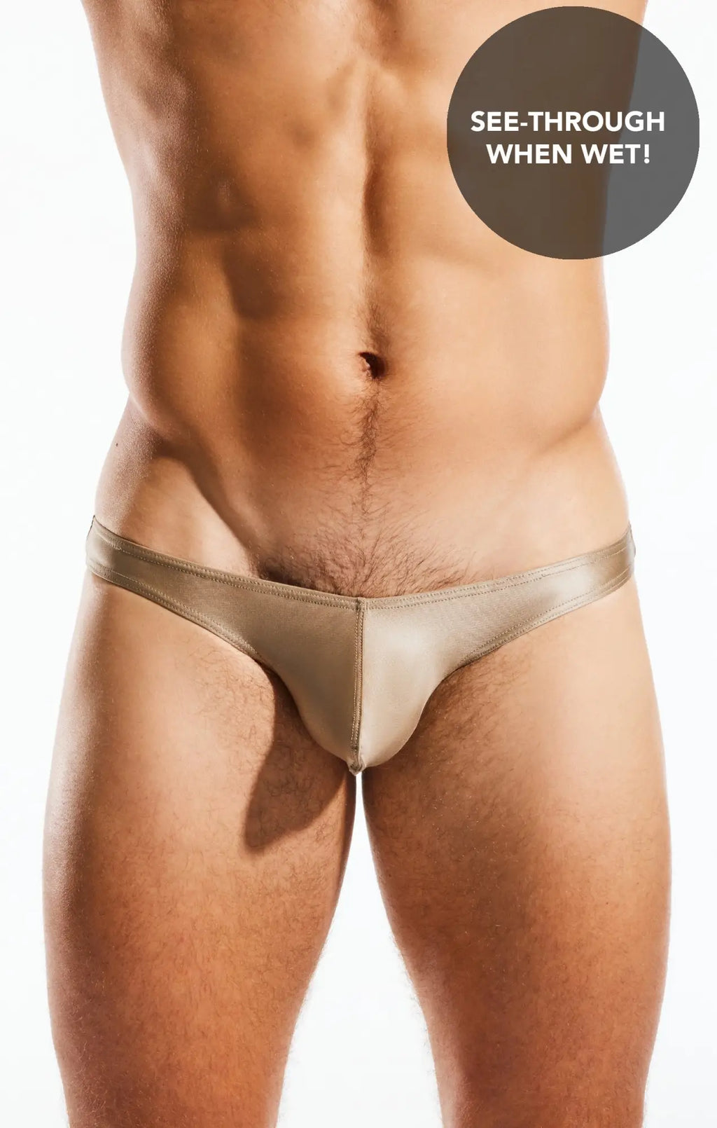 Tan glossy fabric thong swim brief cx02gs with sleek minimalist design shown from the back side