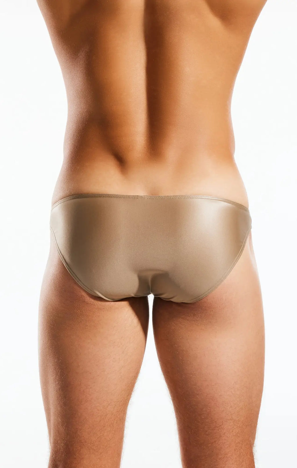 Tan satin swim briefs cx02gs with a smooth glossy finish designed for comfortable water use