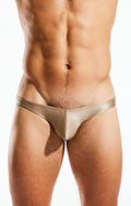 Tan sleek form-fitting thong made of smooth satin-like material shown from the back in the CX02GS swim brief design