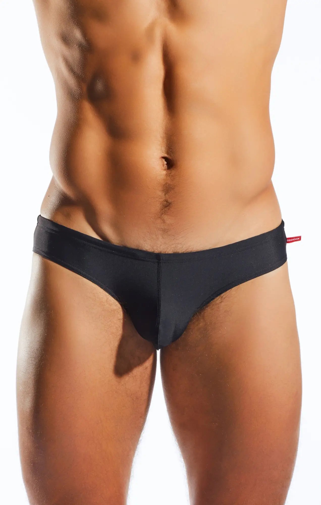 Black cx04 drawstring swim brief with smooth form-fitting design and small red tag on the waistband
