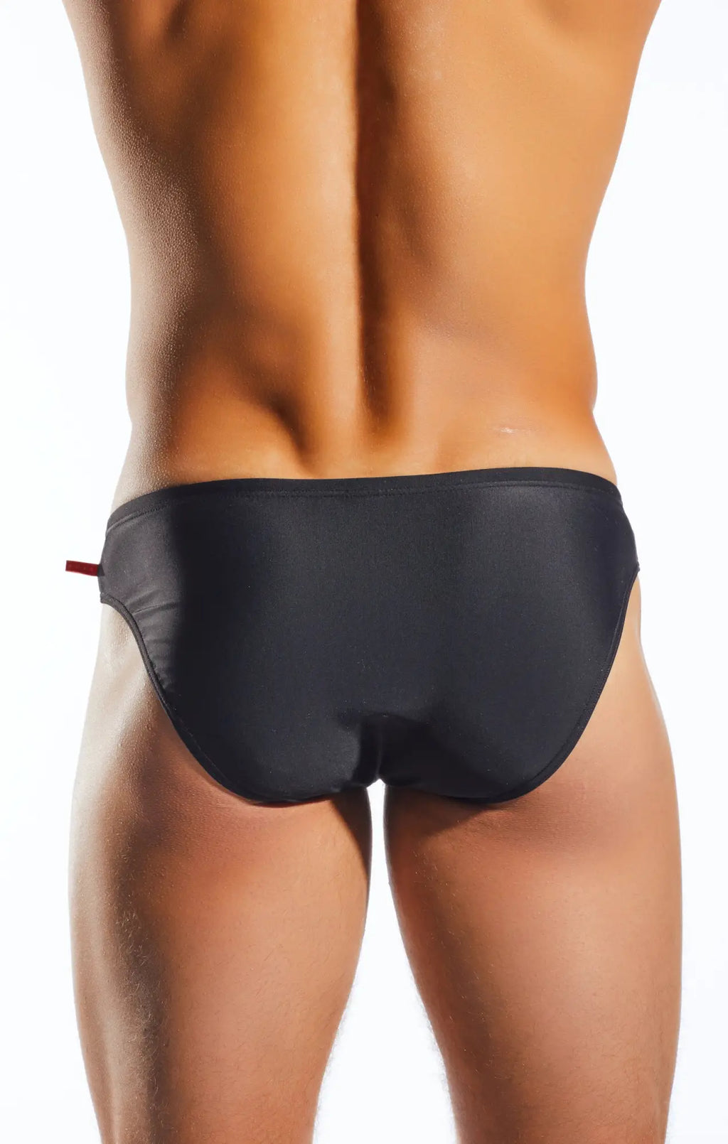 Black cx04 drawstring swim brief with subtle sheen and small red tab on the side designed for swimming
