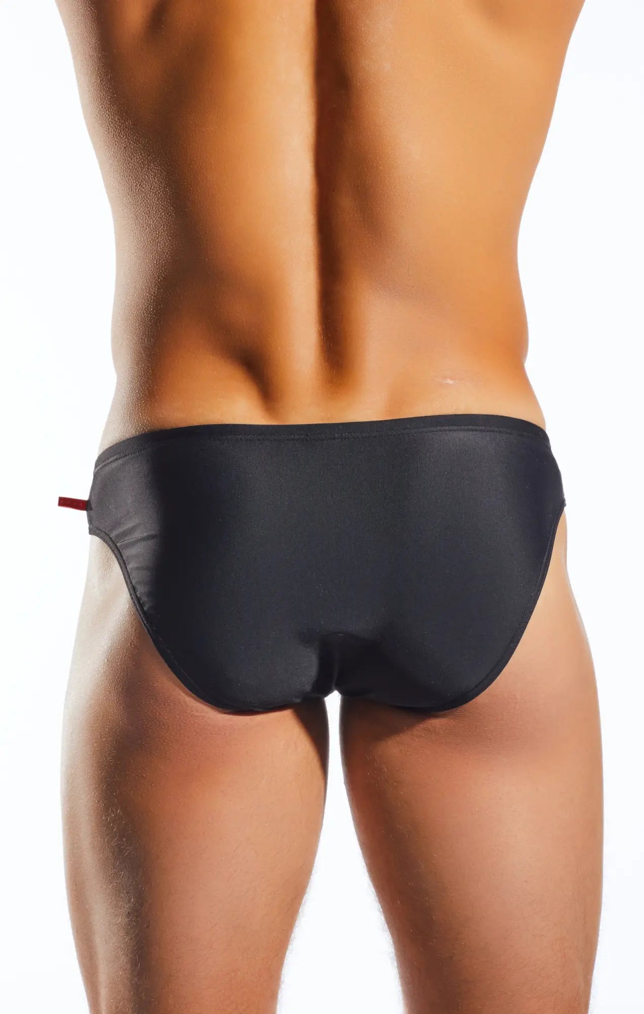 Black cx04 drawstring swim brief with subtle sheen and small red tab on the side designed for swimming