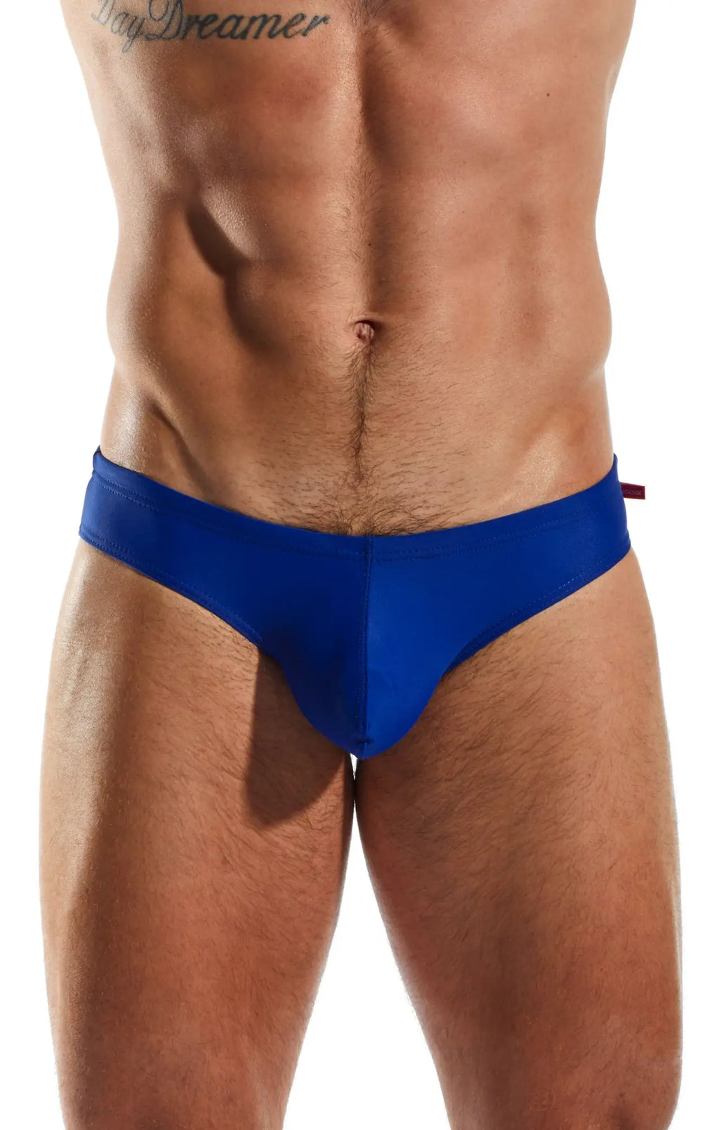 Cx04 drawstring swim brief in snug blue fabric with a small red tab on the side for comfortable water use