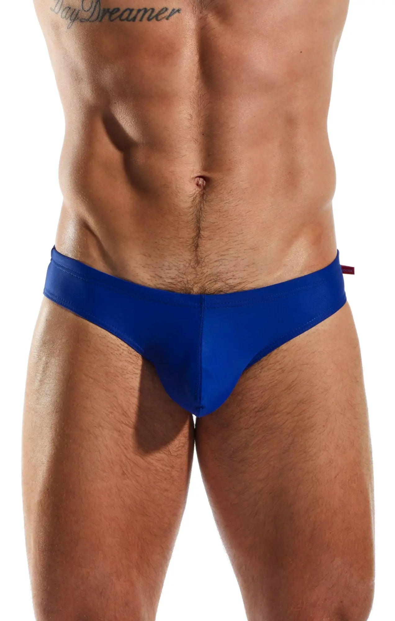 Cx04 drawstring swim brief in snug blue fabric with a small red tab on the side for comfortable water use