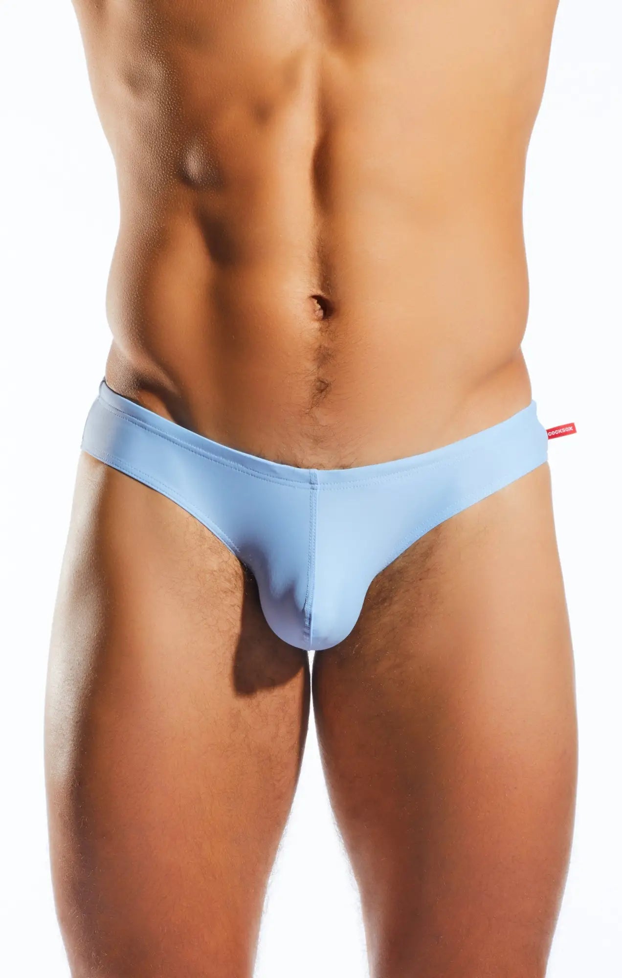Light blue seamless men’s cx04 drawstring swim brief with smooth fabric finish designed for swimming and beachwear