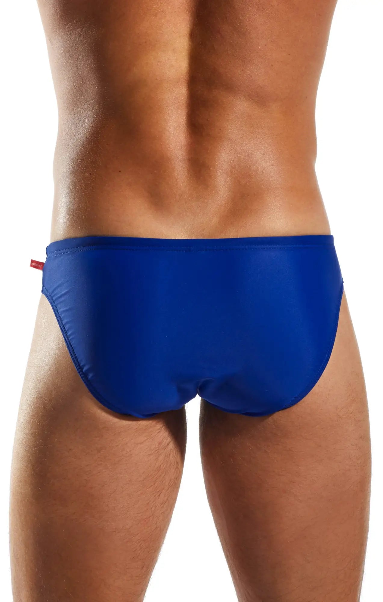 A sleek royal blue cx04 drawstring swim brief with a glossy finish and a small red tag on the left side