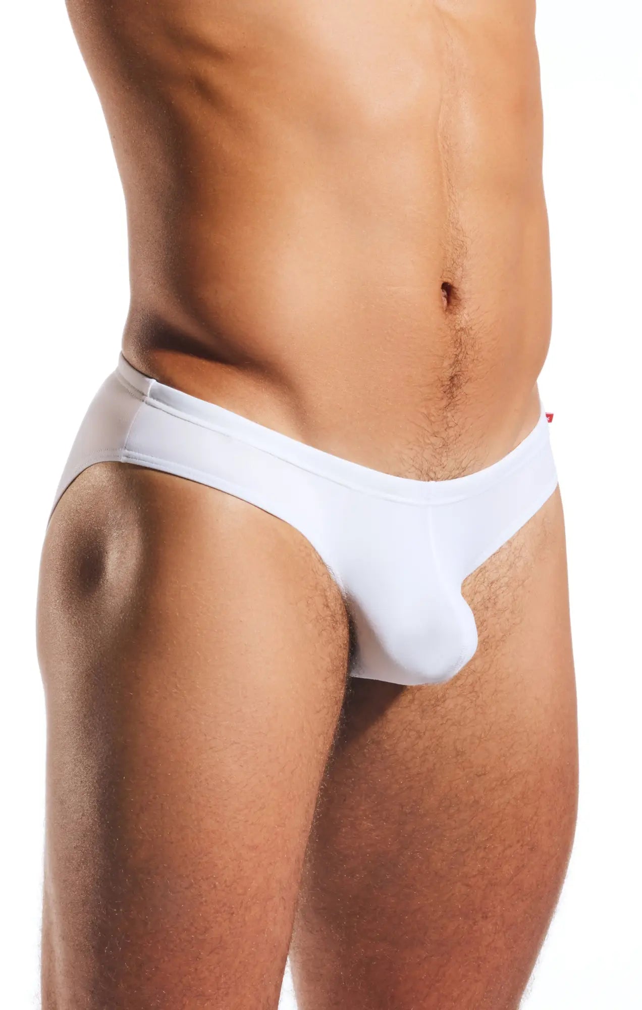 White form-fitting cx04 drawstring swim briefs with smooth fabric and subtle seam detailing for comfortable wear