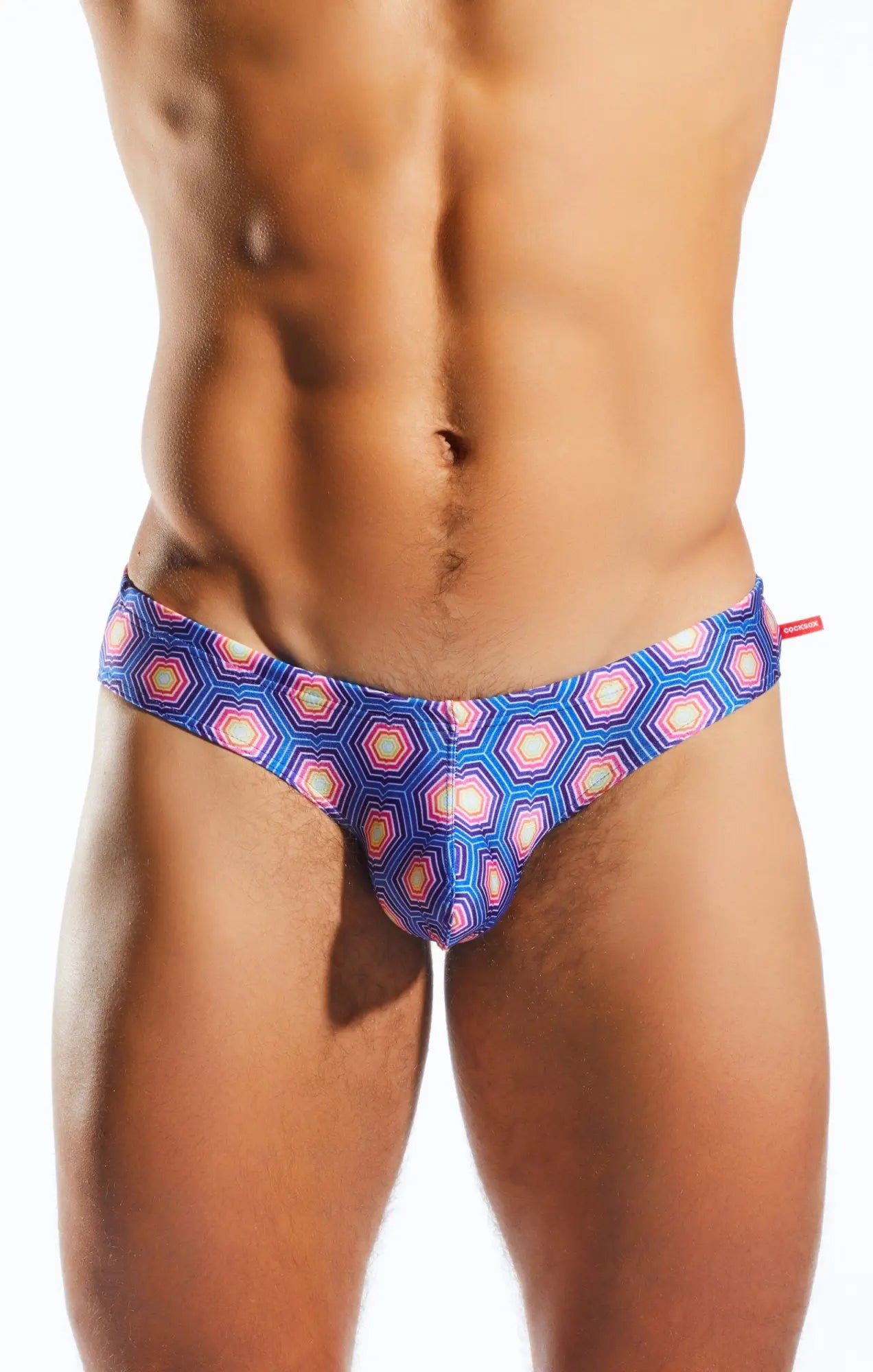 Blue and pink geometric-patterned cx04pr drawstring swim brief with hexagonal design for swimming and beachwear