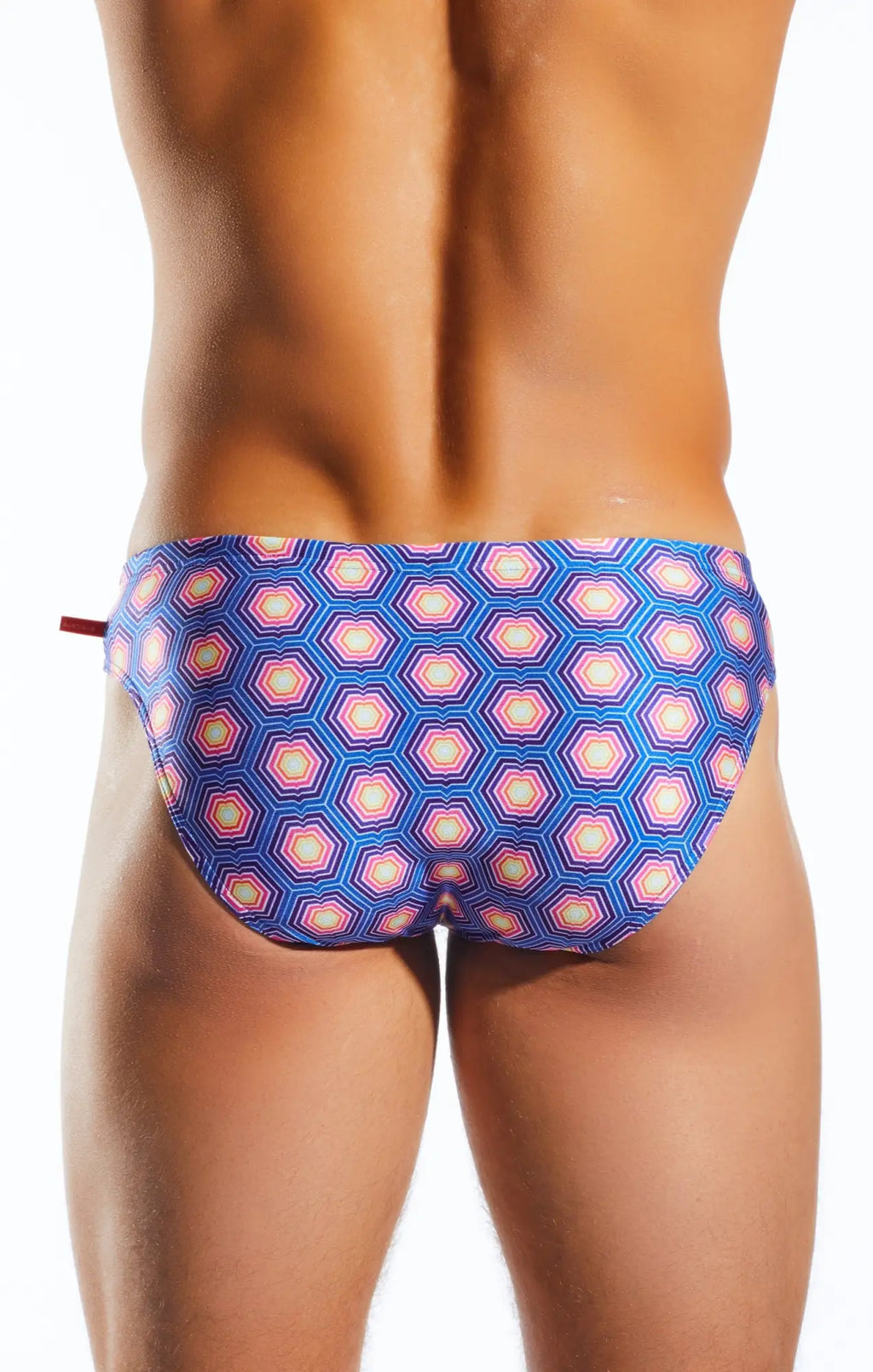 Blue and pink geometric-patterned swim trunks with hexagonal design cx04pr drawstring swim brief front view
