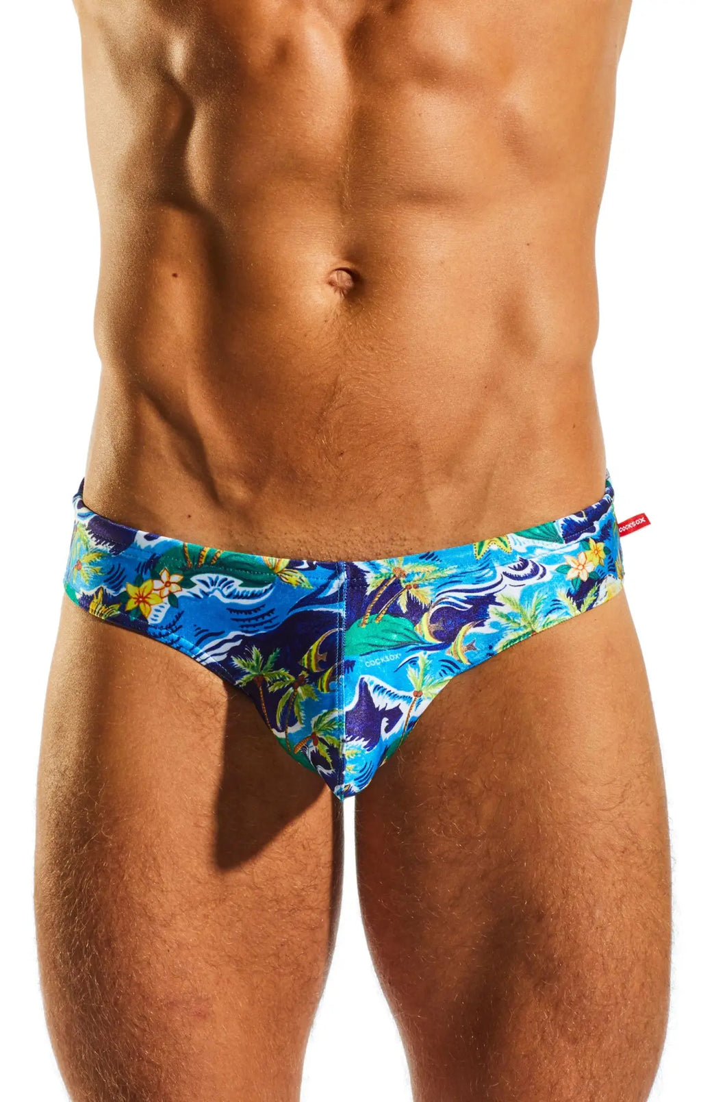Cx04pr drawstring swim brief in vibrant blue and green tropical print with shark motif for beach and pool use