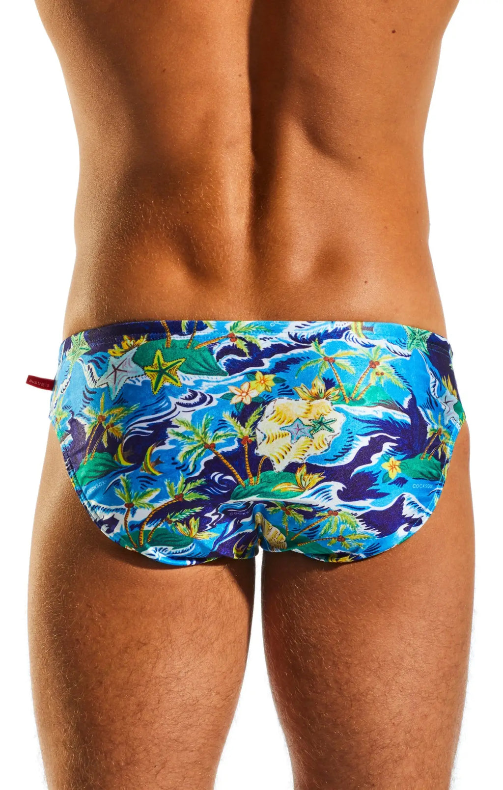 Cx04pr drawstring swim brief with vibrant blue tropical print featuring palm trees starfish and waves in green yellow and white