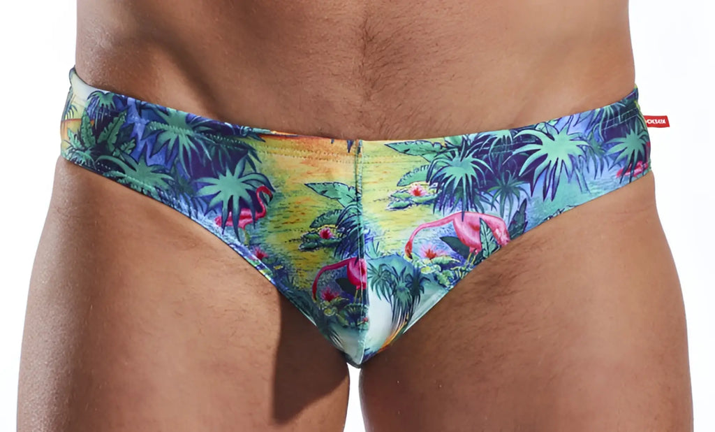 Cx04pr drawstring swim brief with vibrant tropical palm tree and pink flamingo print in blue green yellow and purple