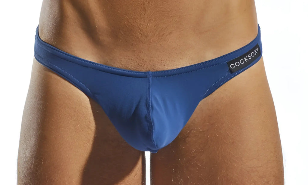 Blue cocksock brand CX05 thong with smooth form-fitting design in blue shown from the front side