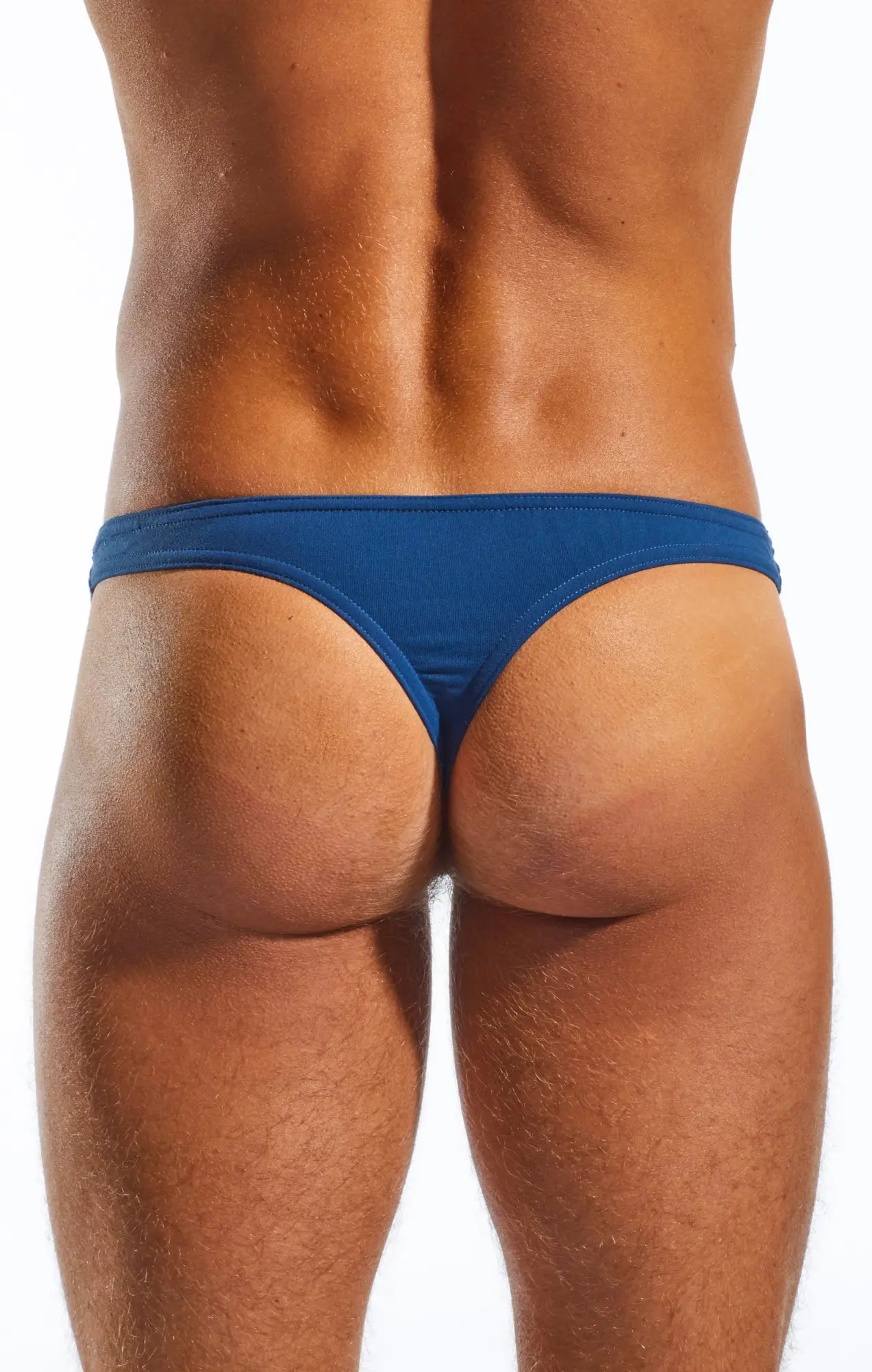 Blue cx05 thong made of smooth stretchy fabric shown from the back side