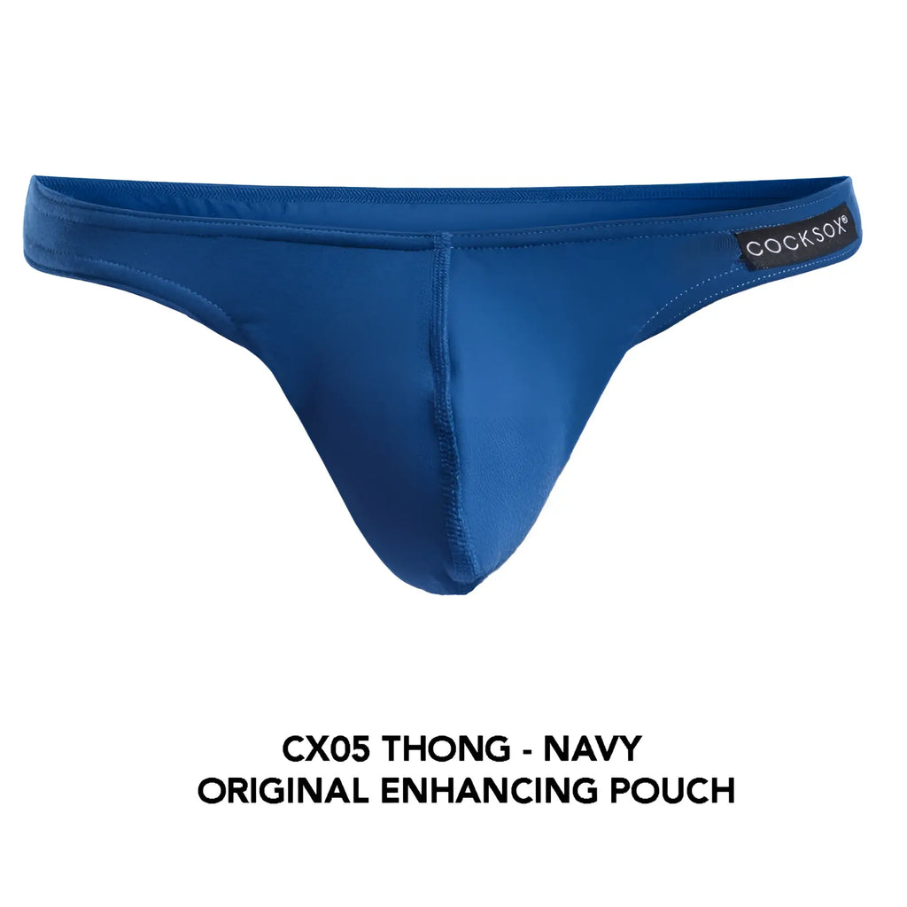 Navy blue cocksox CX05 thong with smooth form-fitting design and original enhancing pouch for comfortable wear
