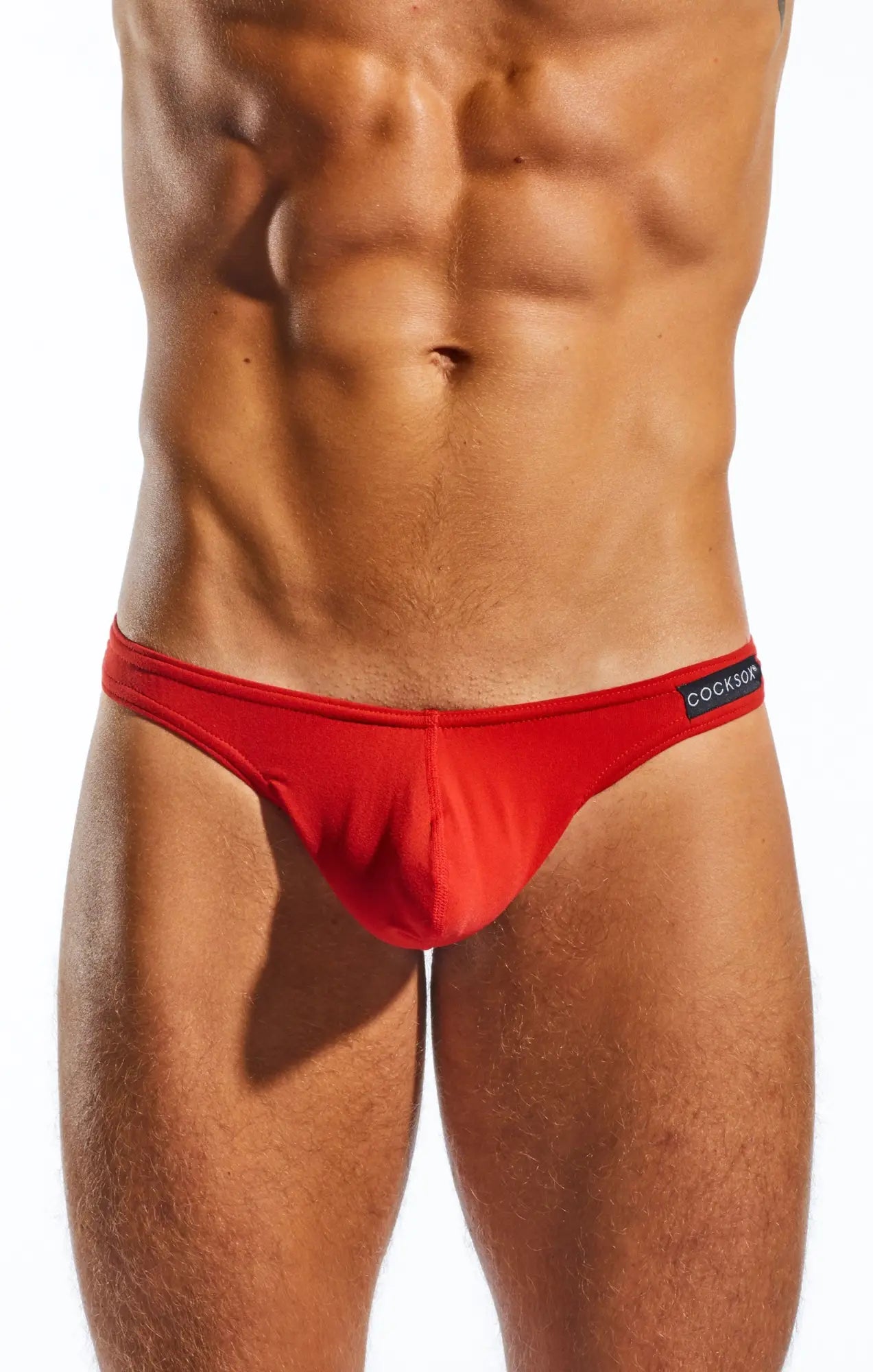 Red cockson cx05 thong briefs with sleek form-fitting design and black waistband featuring brand logo