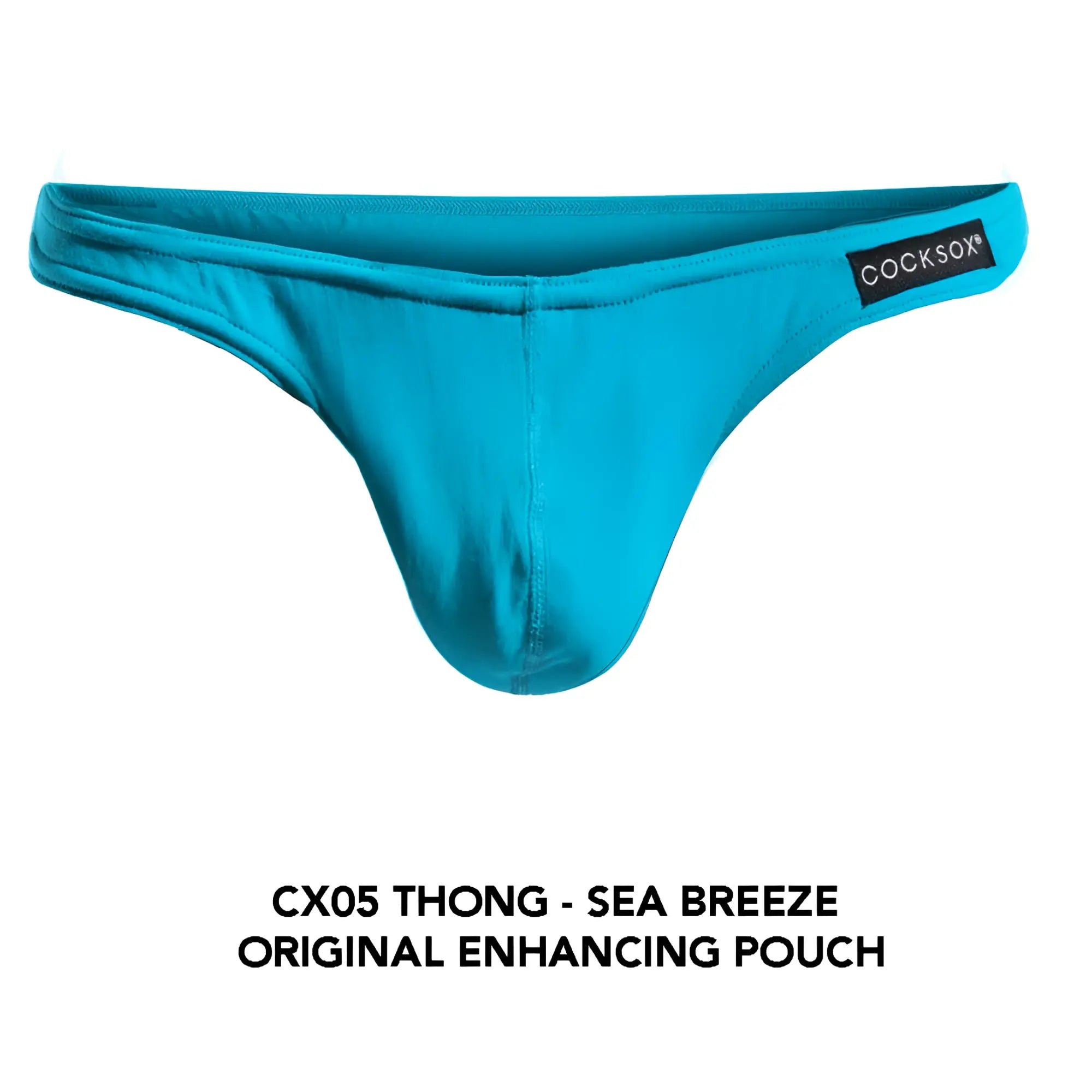 Teal cocksox cx05 thong with smooth form-fitting fabric and branded waistband label front view