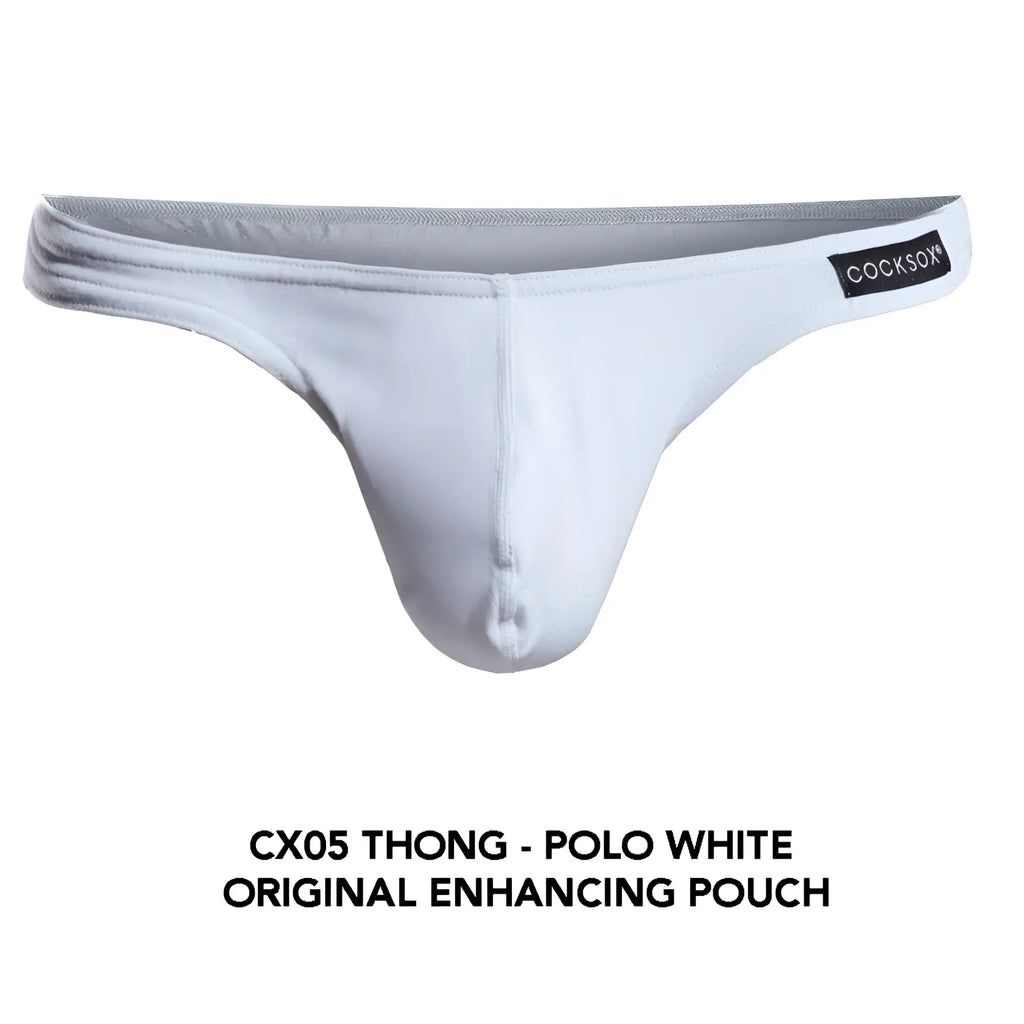 White cx05 thong with gray waistband and cocksox label designed for comfortable everyday wear