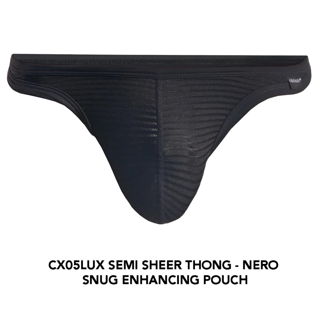 Black semi sheer thong cx05lux with textured ribbed design and snug enhancing pouch for comfortable fit